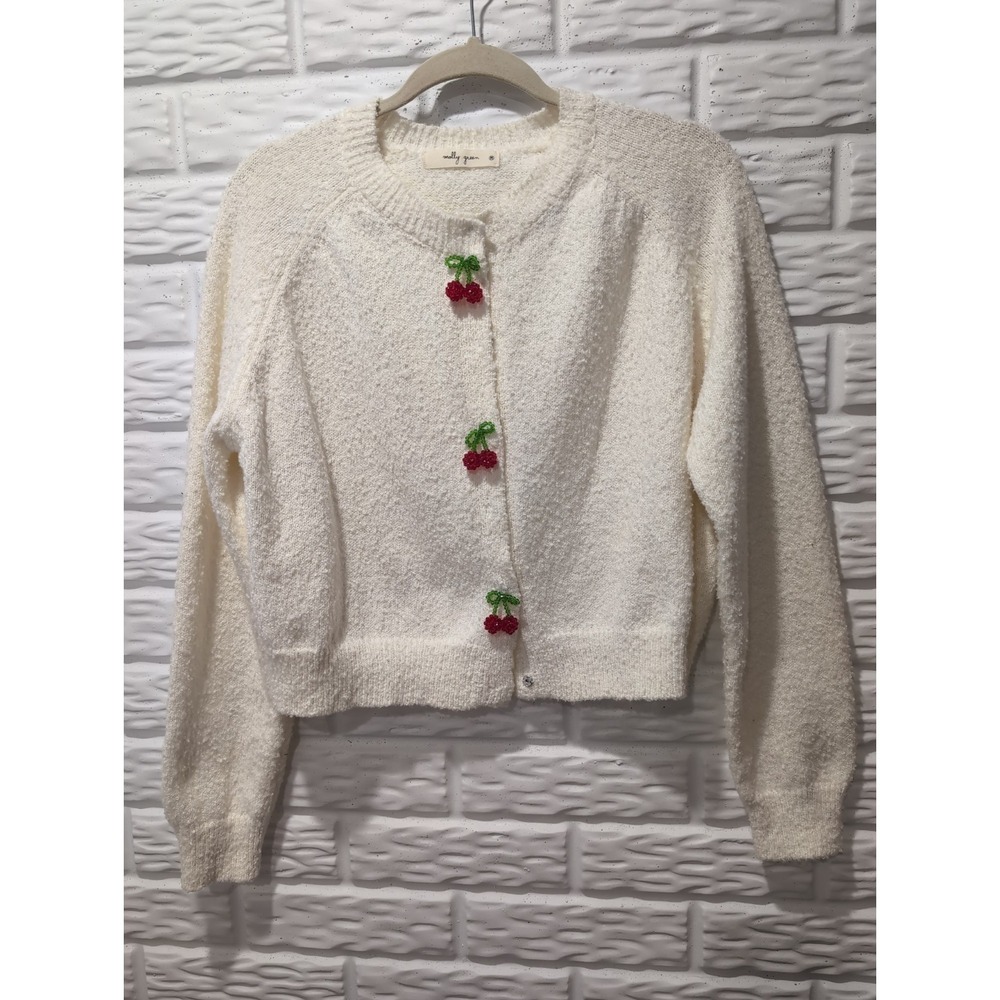 Molly Green White Cropped Popcorn Sweater Cardigan Beaded Cherry Detail Size M